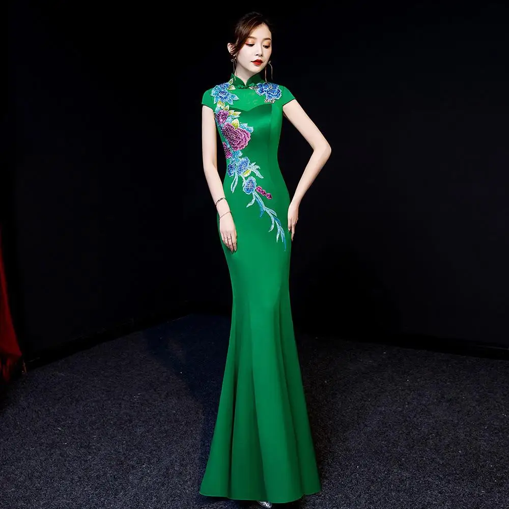 Благородные Русалка Леди Qipao сверкающие бусины Cheongsam винтаж Embroidrey цветок вечернее платье плюс размер 3XL Vestidos De Festa - Цвет: Green