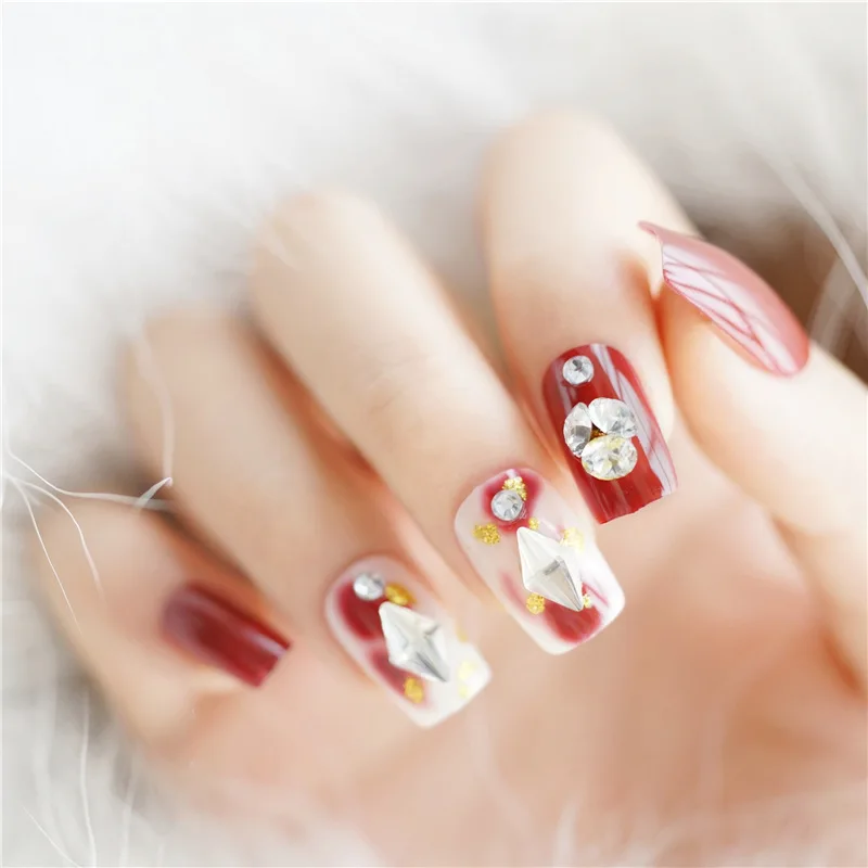 197-Flush Daimondata Red INS Wind Europe And America Bride Japanese Korean Wear Manicure Fake Nails Patch