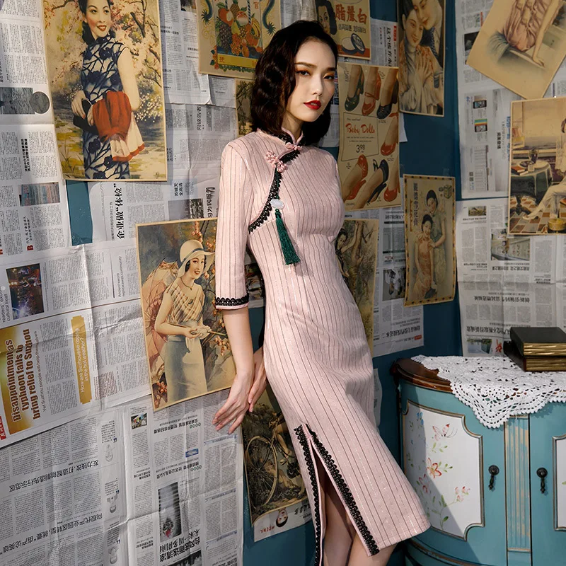 

New Arrival Autumn Winter Female Chinese Traditional Suede Dresses Print Flower Qipao Mandarin Collar Slim Cheongsam Size S-XXXL