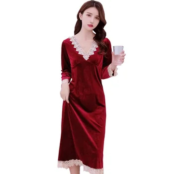 

Winter Nightgown V-Neck Sexy Lace Women Nightwear Velvet Loose Warm Sleepwear Lounge Nightdress Comfortable Casual Soft Homewear