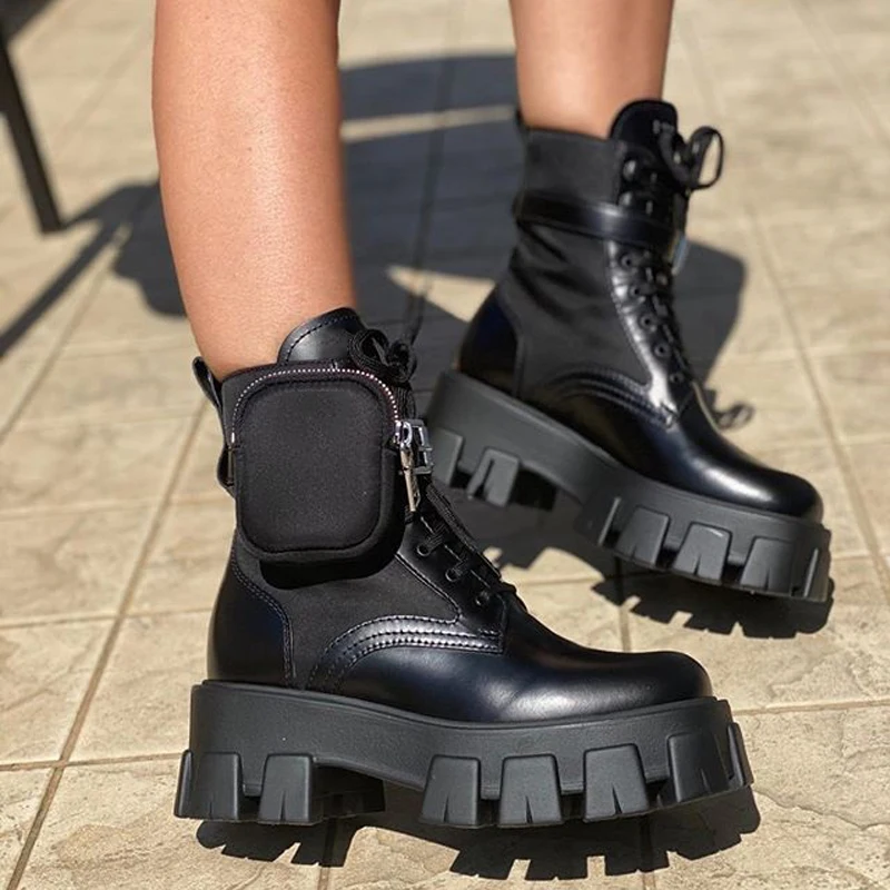 Pocket Design Women Ankle Boots Ladies Thick Sole Platform Shoes