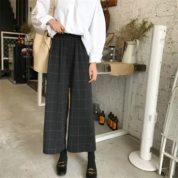 

HziriP 2020 Black Loose High Elastic Waist Slender Casual Office Lady Plaid Stylish Women Brief High Quality Wide Leg Trousers