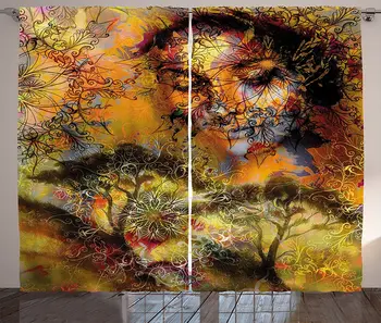 

Modern Curtains Floral Mandala Mysterious Woman Face and Forest Image Psychedelic Contemporary Art Living Room Bedroom Window