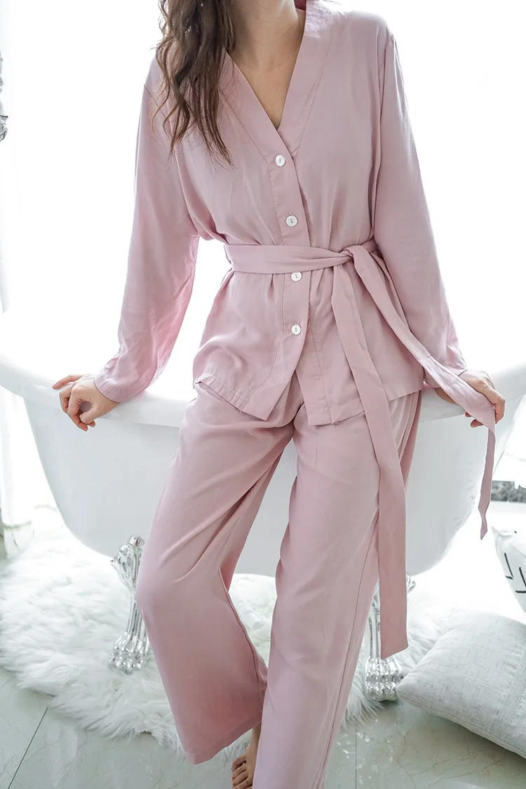 Новые пижамы женские с длинным рукавом Свободные одноцветные тонкие пижамные комплекты Loungewear с v-образным вырезом атласные пижамы вискоза домашний комплект сна