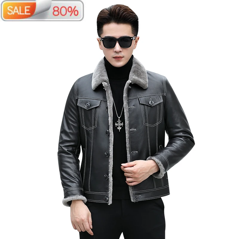 

Men's Winter Genuine Leather Jacket Real Lamb Fur Sheepskin Coat for Men Short Thick Male Wool Casual Jackets B2A4A
