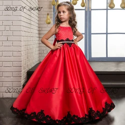 Exquisite Red Bow Flower Girl Dresses Applique Sleeveless Ball Gown Diamond Floor-length Children's Birthday Party Skirt