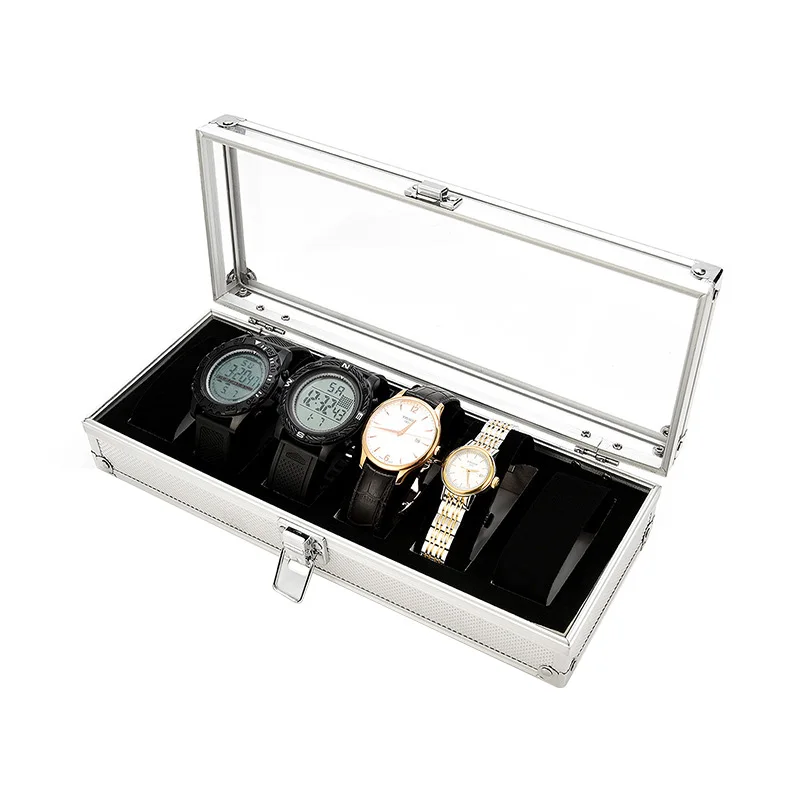 Newly 6 Slots Watch Box Aluminum Display Case Organizer Jewelry Storage Tray VK-ING