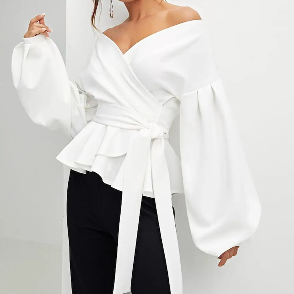 SHEIN White Office Lady Elegant Lantern Sleeve Surplice Peplum Off the Shoulder Solid Blouse Autumn Sexy Women Tops And Blouses