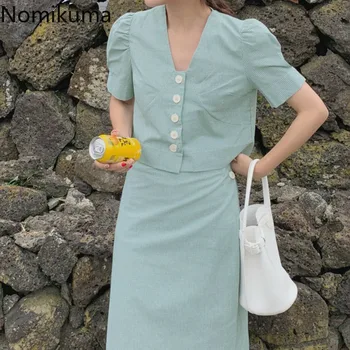 

Nomikuma Korean Plaid Set Women V Neck Single Breasted Short Sleeve Blouse High Waist Skirt Casual Fashion 2 Piece Outfits 3b026