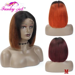 FG Transparent 13x4  Lace Front Human Hair Wigs For Women Brazilian Straight Remy Hair Ombre Short Bob 4x4 Lace Closure Wig