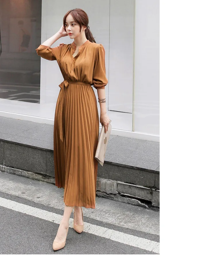 

Elegant Women Autumn Dress Lace Up A-line Female Chiffon Dress Midi Vestidos Pleated Dress