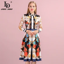 LD Linda della осеннее женское платье модный дизайнерский костюм с длинным рукавом элегантное Бисер печатных элегантных дам плиссированное платье