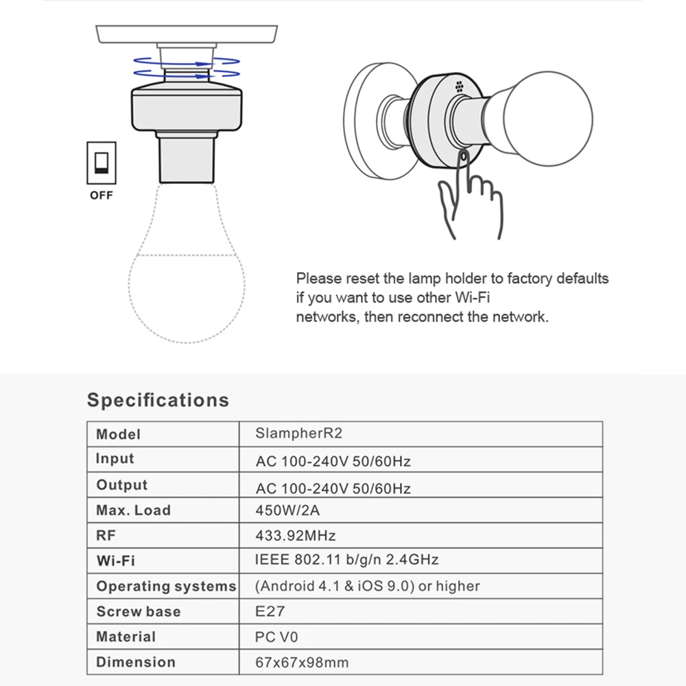 2/3/4/5 шт. SONOFF Slampher R2 Itead 433MHz RF Smart WiFi светильник держатель E27 держатель лампы прерыватель переключатель Wi-Fi для умного дома