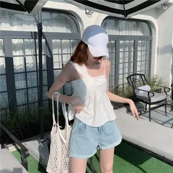 

Hot Sale 2019 Fashion Solid Spaghetti Strap Tank Tops Sweet Korean Backless Tops Ladies Slash Neck Pleated Camis