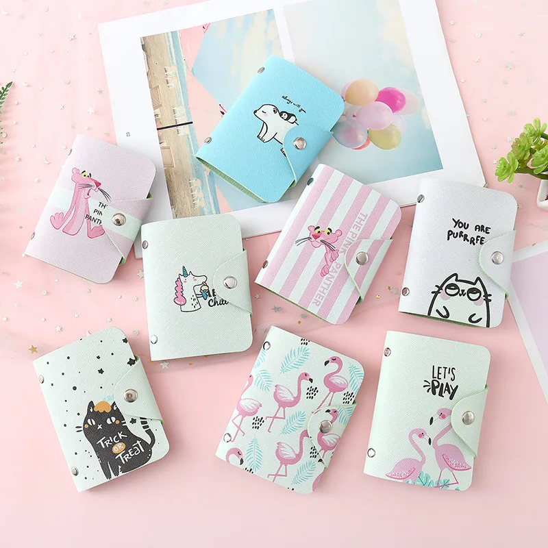 Cute Women Business Card Holder Case Book Cartoon Leather Bank Credit Card Clip Wallet Cardholder Flamingo ID Card Bag 20 Bits