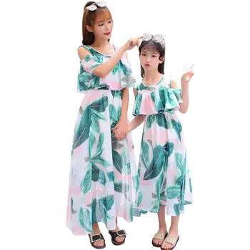 

Elegant Mama and Daughter Chiffon Dress Off-Shoulder Design Mom Baby Clothes Summer Beach Dresses For Sisters Matching Outfits