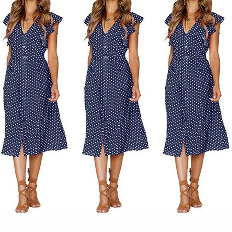 

Polka Dot Dress Women Summer Dresses 2019 V-neck Butterfly Sleeve Midi-calf Elegant Ruffles Irregular Casual Shirt Dress Female