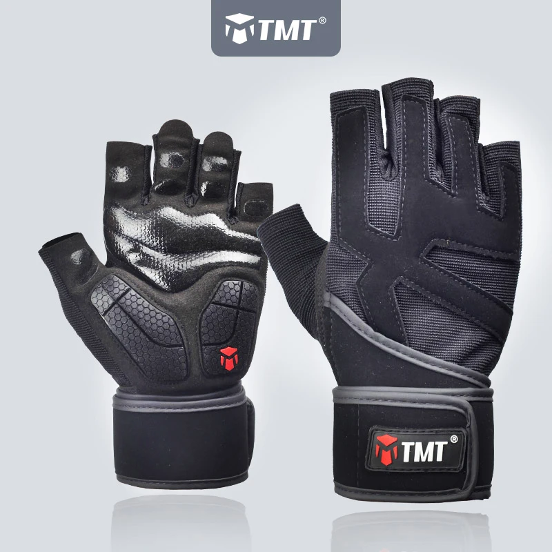 Photo Product TMT Gym Half Finger Gloves with Wrist Wrap Fitness Workout Wrist Wrap Men Gloves Bodybuilding Dumbbell Weight lifting Training