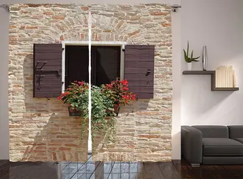 

Tuscan Curtains Antique Looking Window on an Stone Wall with Flowers Pienza Tuscany Picture Living Room Bedroom Window Drapes