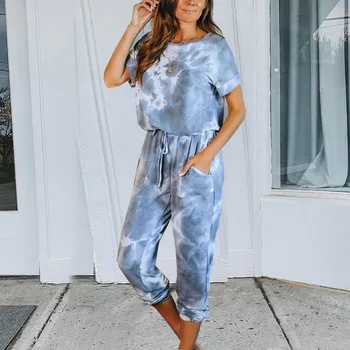 

Women Summer Tie-dye drawstring casual pants short-sleeve T-shirt 2 Pieces Set Clothing