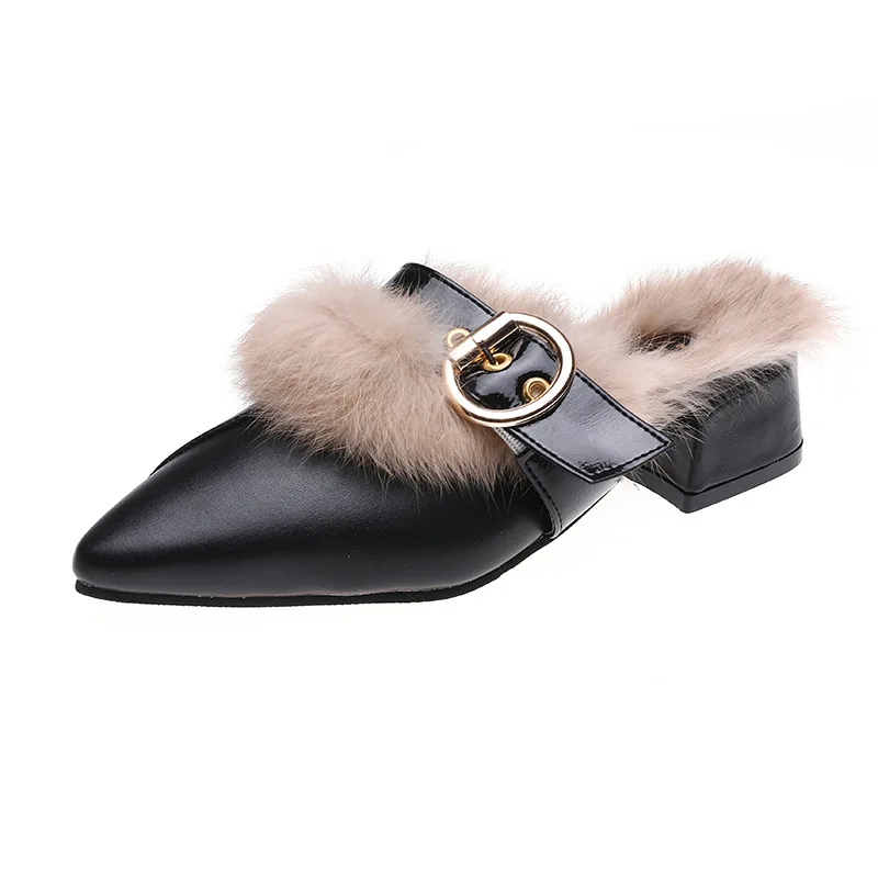 

2019 Autumn New Style Hair Slipper Children Outer Wear Chunky Heel Pointed Online Celebrity Ozhouzhan Closed-toe Plush Slipper R