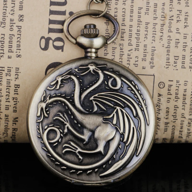 

Bronze Vintage Quartz Pocket Watch With Necklace Three-headed Pterodactyl Carved Clock Watch Pendant Men Women Children Gifts