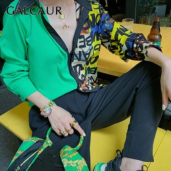 

GALCAUR Patchwork Hit Color Chiffon Shirt For Women Lapel Collar Long Sleeve Diamonds Letter Pattern Blouses Female Fashion 2020