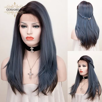 

Gossamelle Ombre Blue Synthetic Lace Front Wig Mixed Black Long Straight Wigs For Women Cosplay Wigs High Temperature Fiber