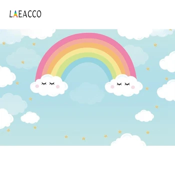 

Laeacco Blue Sky White Clouds Rainbow Stars Photography Backdrop Baby Shower Birthday Photo Background Customized Photophone