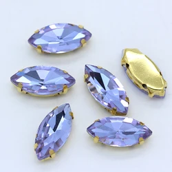 24-Color Sew-On Navette Rhinestones with Gold Claws, Marquise-Shaped for Jewelry, Fashion, and Crafting (Lt violet)