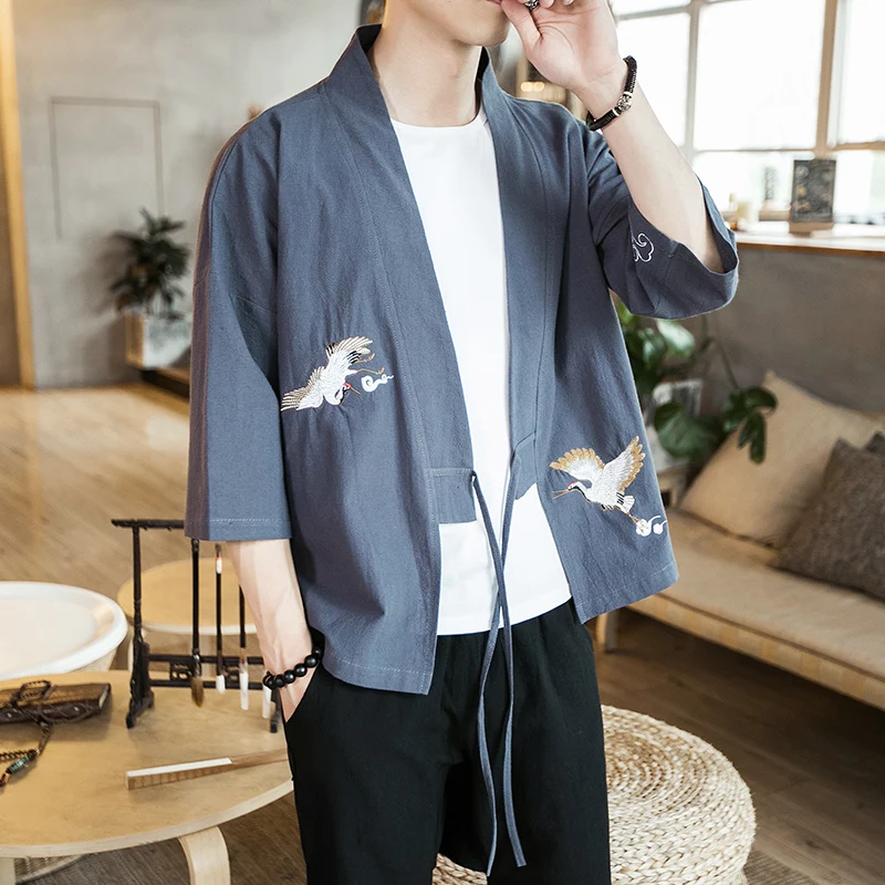 Buy 2020 Spring New Non-fading Embroidery Chinese Style Hanfu Cardigan Casual Fairy Crane Pattern Men's Shirt Solid Color M-5XL