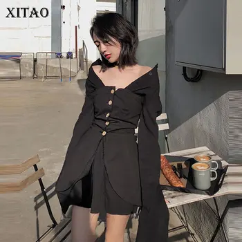

XITAO Women Fashion Dress Single Breast Full Sleeve Goddess Fan 2020 Summer False Two Piece Small Fresh Casual Dress ZP1106