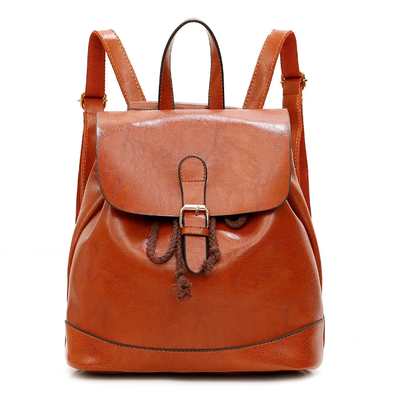 

New Style Oil Wax Leather WOMEN'S PU Backpack Versitile Fashion Retro Backpack College Style Drawstring School Bag