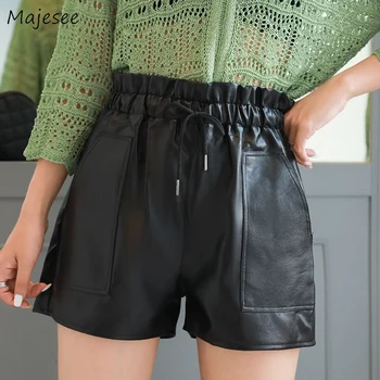 

Shorts Women Black High Waist Harajuku Loose 2XL Simple All-match PU Korean Style Womens Wide Leg Streetwear Chic Fashion Daily