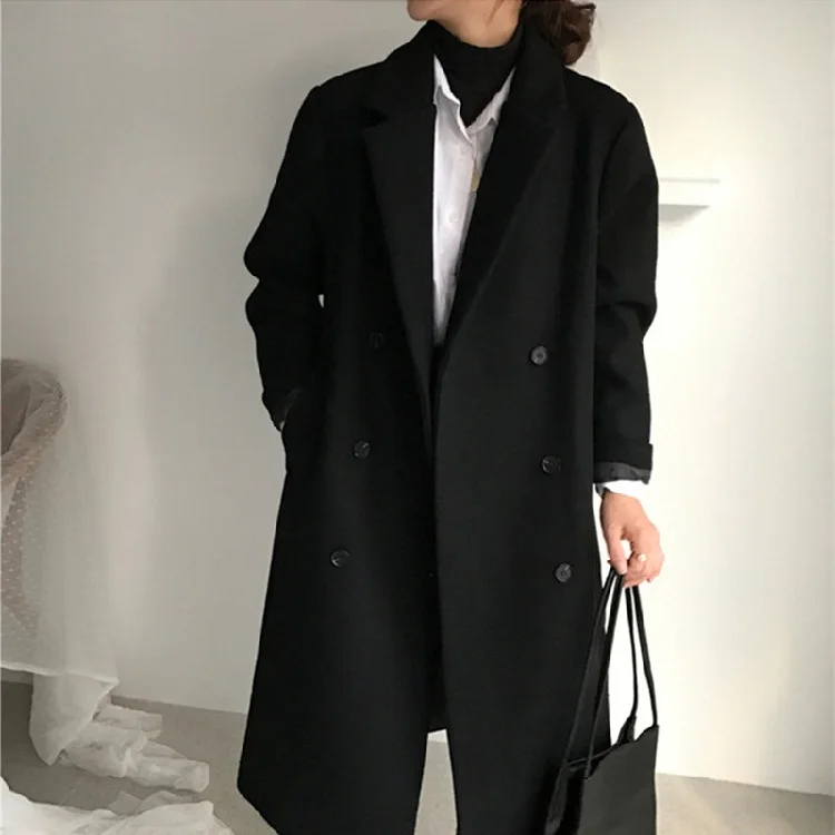 Wool Coat Women Double Breasted Coat Vintage Streetwear Long Balck Wool Coats Winter Korean Fashion Office Lady Winter Coat
