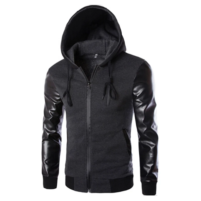 

Spring Sport Jacket Men Hooded Running Jacket And Coat PU Leather Sleeve Slim Outerwear Coat Men Zipper Coat Sportswear 823133