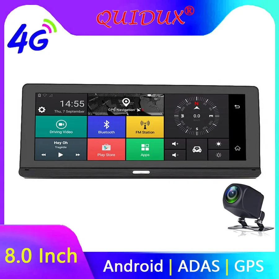 

QUIDUX 8" IPS 4G Android Car DVR Dash Camera GPS Navigation ADAS Full HD 1080P auto video Registrar Recorder with reverse camera