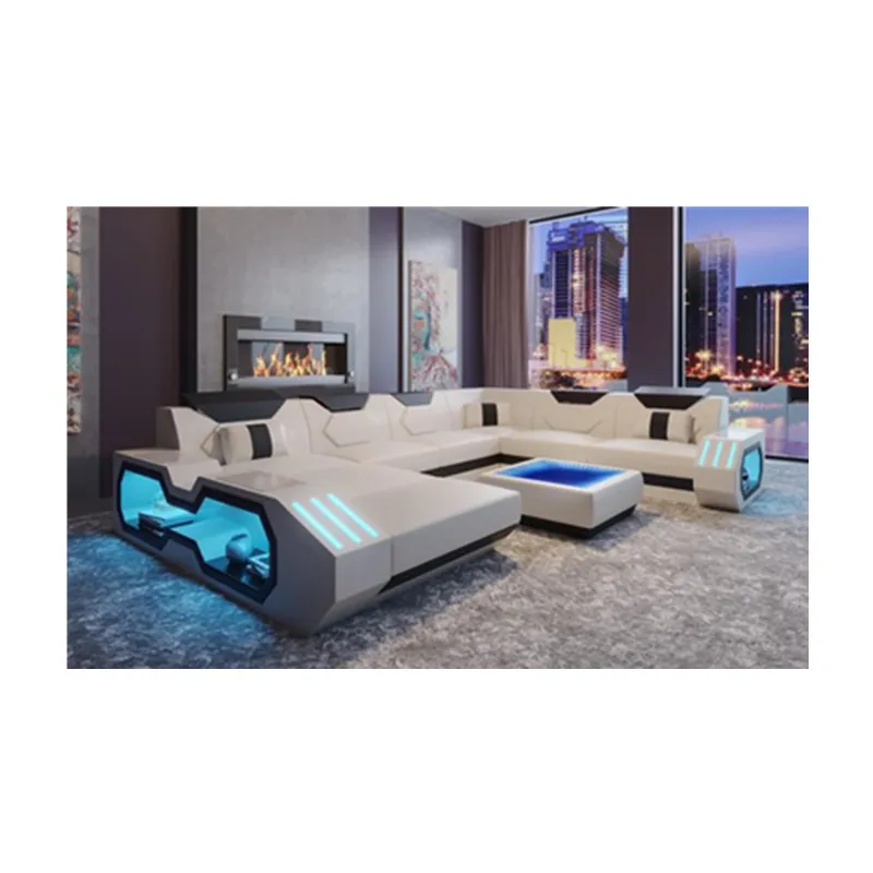 CBMMART New Arrival Living Room Furniture Sofa Sets JV003, Luxury U-shape Leather Sofa Set with LED Light - Цвет: Белый