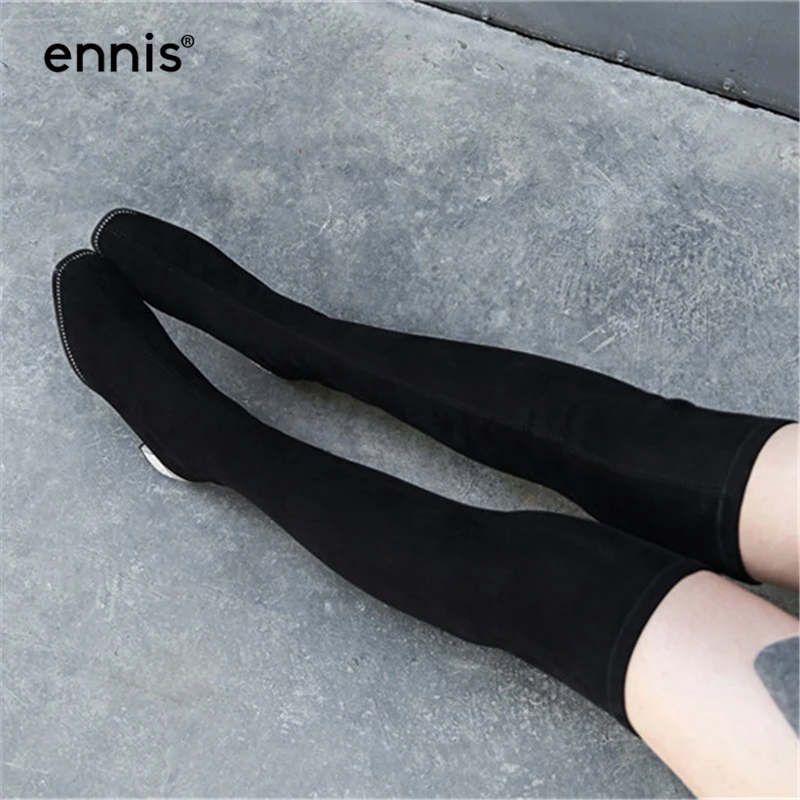 Round Toe ENNIS/узкие эластичные сапоги до колена из флока; женские сапоги до бедра; сапоги с острым носком на прозрачном каблуке; Черная осенне-зимняя обувь; L928 - Цвет: Round Toe