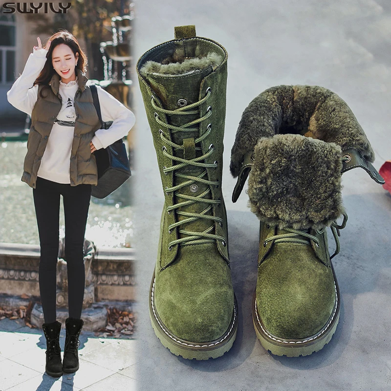 Online SWYIVY zapatos de cuña de cuero genuino botas de nieve de mujer botas de invierno 2019 zapatos de mujer de invierno de cerdo dividido señoras botines de plataforma