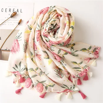 

KYQIAO Ethnic hijab scarf 2020 designer luxury brand head scarf womens scarfs Spain style bohemian long floral tassels shawl