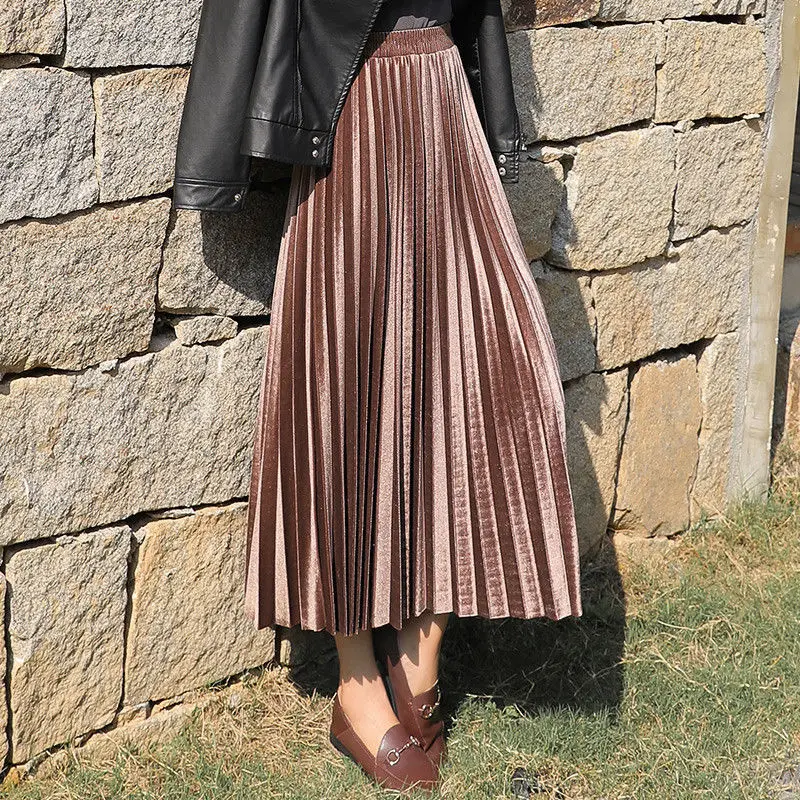 Женская юбка плиссированная бархатная осенне-зимняя Лоскутная юбка с высокой талией для женщин бархатная плиссированная Зимняя юбка миди
