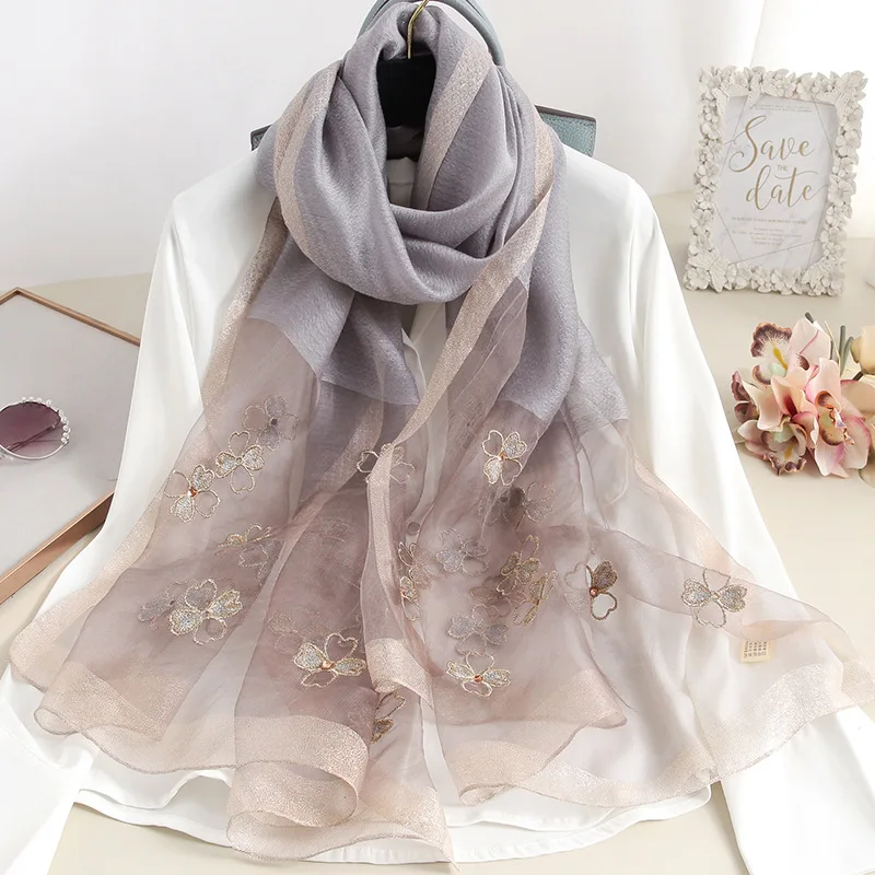 Summer Light Thin silk wool Scarf Female Long Shawl Women Sunscreen bandana Floral Embroidery Mori Girl 2022 scarves soft stoles