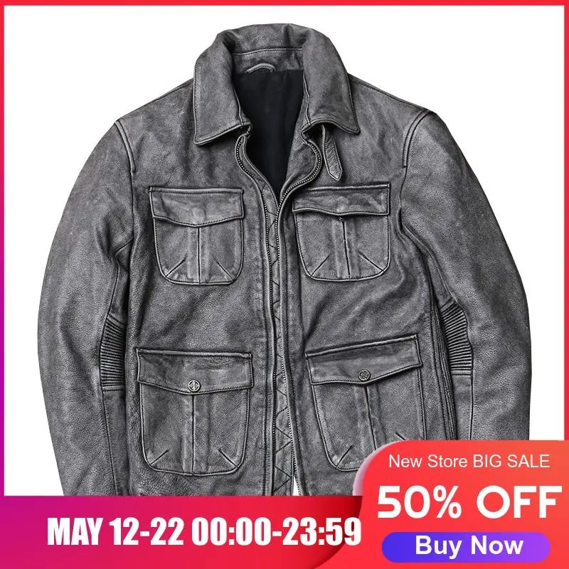 

2020 Vintage Grey Men M65 Leather Jacket Large Size 5XL Genuine Cowhide Spring Slim Fit Casual Leather Coat FREE SHIPPING