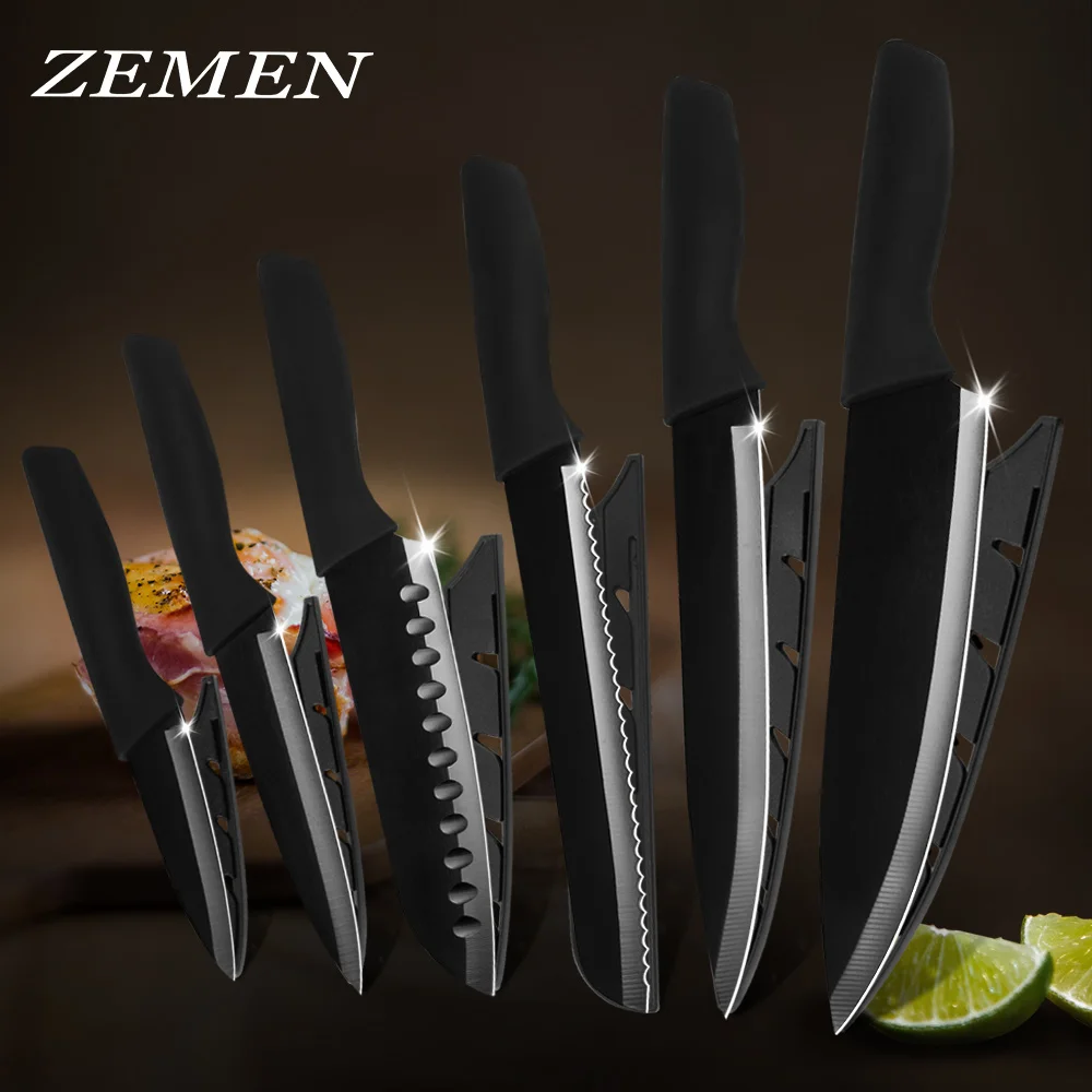 

ZEMEN Kitchen Knives Set Chef Cooking Knife Vegetable Meat Slicing Cleaver Non-stick Black Blade Non-slip Handle Kitchen Tool
