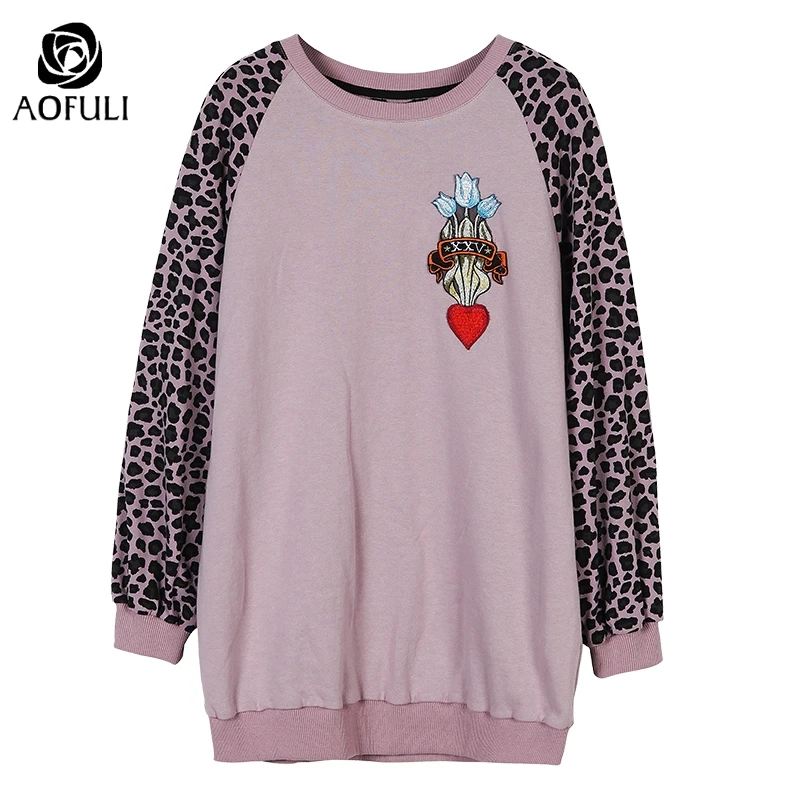 AOFULI L~ 5XL тюльпан вышитый леопардовым принтом женская футболка длинный рукав летучая мышь Повседневная Свободная футболка Топы вязаный пуловер A4072