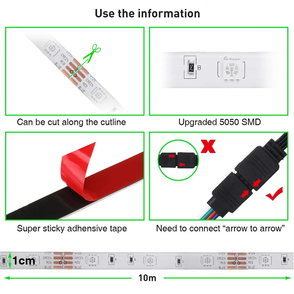 ?【Рождественский подарок 】led RGB ленточный светильник 10 м(32,8фт), музыка 5050 умный ленточный светильник s, комплект с контроллером приложения, адаптер 12 В