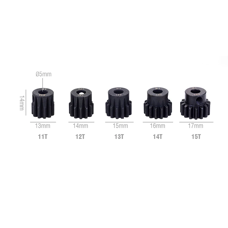 Cinq pignons moteur RC 11-30T en acier disposés en éventail sur une surface noire.