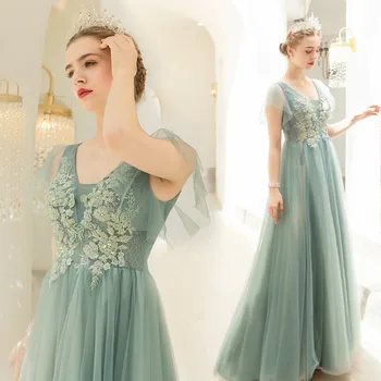 

2020 New Fashion A-line V-neck Light Green Tulle Lace Beading Luxury Evening Dresses Elegant Party Formal Dress AU01