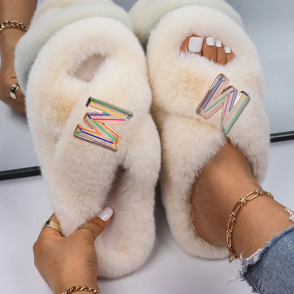 Fashion Slippers Women Designer Letter Decor Faux Fur Slides Home Fluffy Flip Flops Female Platform Sandals Winter Casual Shoes